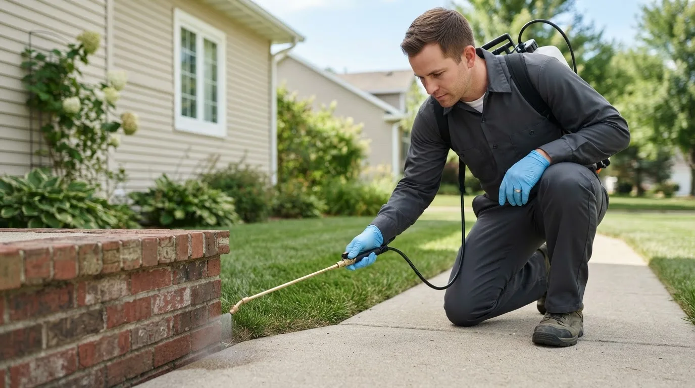 Pest control technician treating a home near Millheim, PA